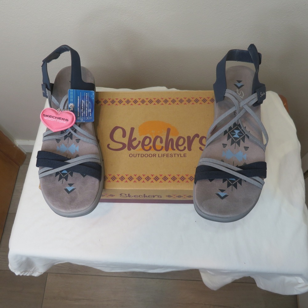 Skechers Reggae Slim Takes Two Navy Grey Strappy Sandals Womens 11 163112/NVY